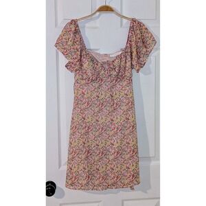 Lush Floral Mini Dress Flutter Sleeve Square Neck Pink Yellow Casual‎ NEW